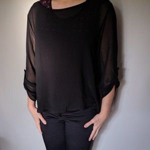 Long sleeve shear black chiffon top